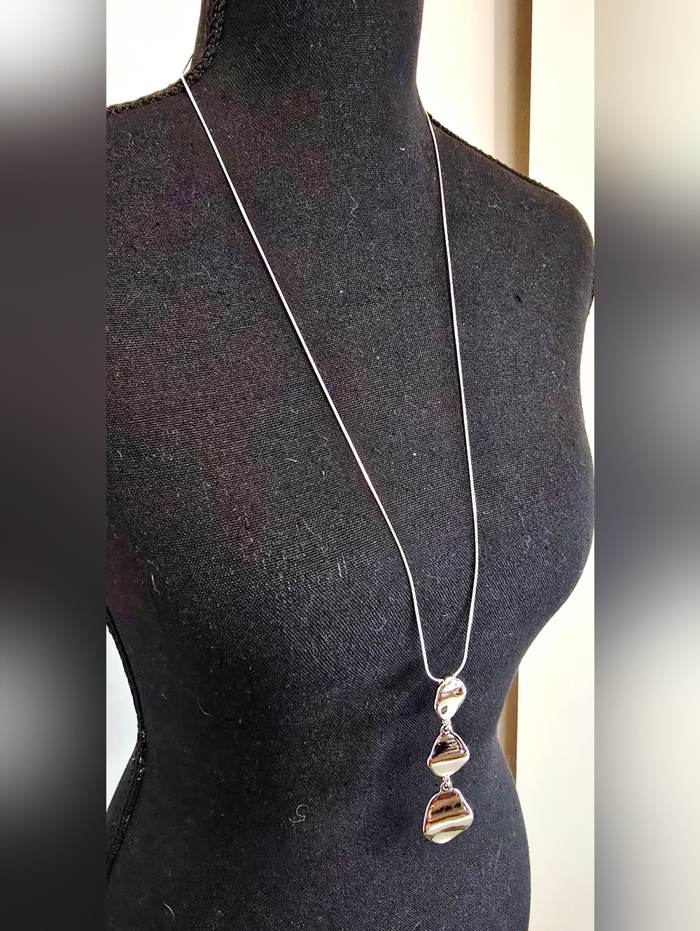 Silver Tone Long Pendant Necklace Modern Organic Drop Statement
